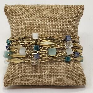 Ann Taylor LOFT Multi Chain Bracelet Gold Tone Teal Glass Beads Toggle Closure